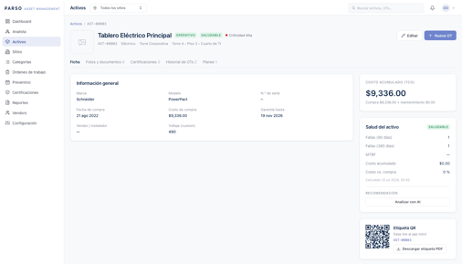 Ficha de activo con certificaciones, historial y TCO