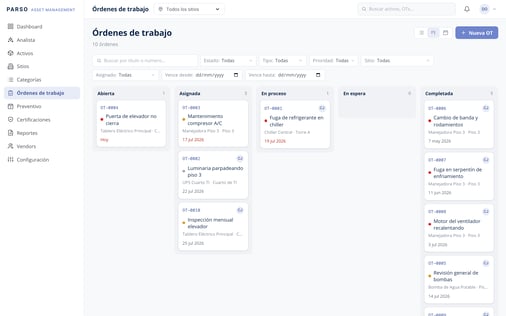 Tablero kanban de órdenes de trabajo por estado