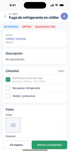 Detalle de orden de trabajo con checklist en el app