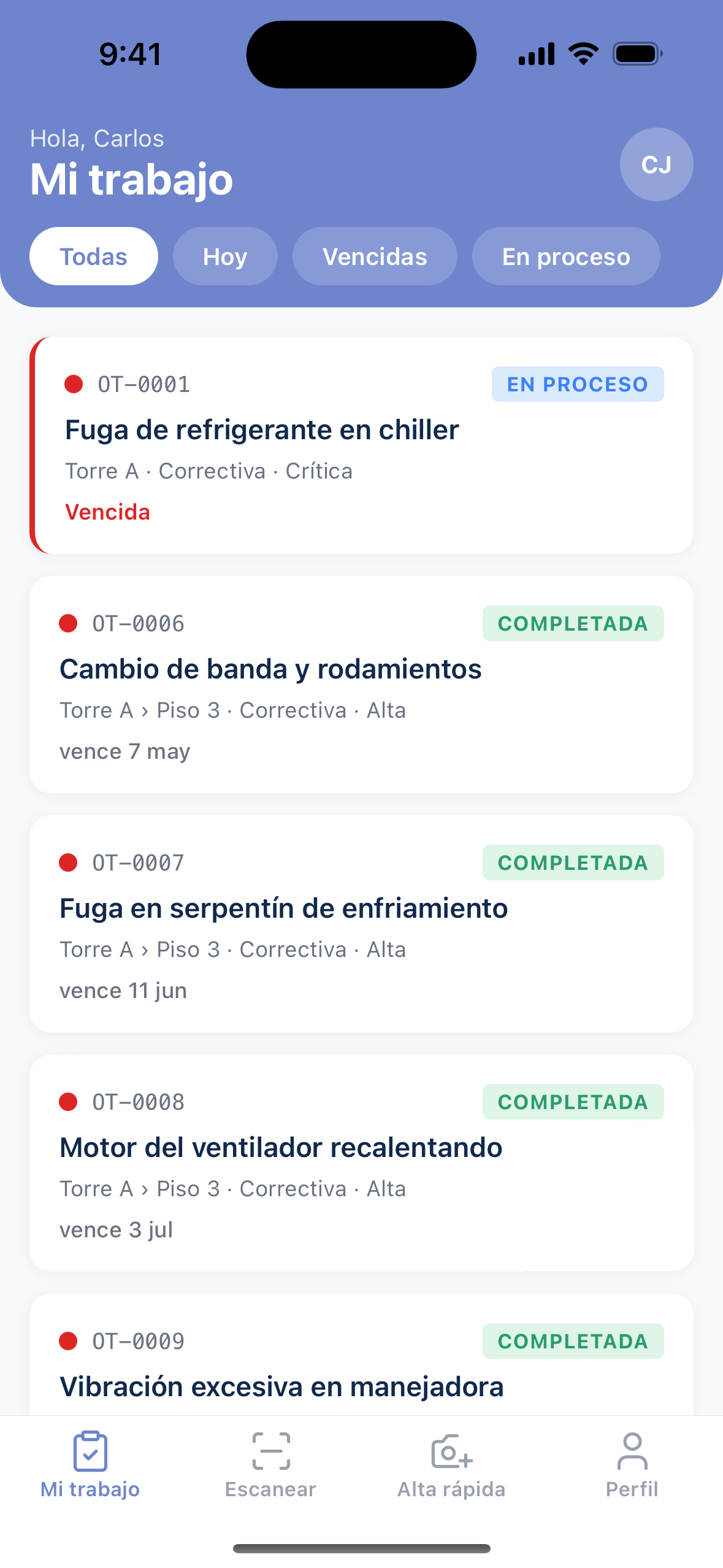 Lista priorizada de órdenes en el app móvil